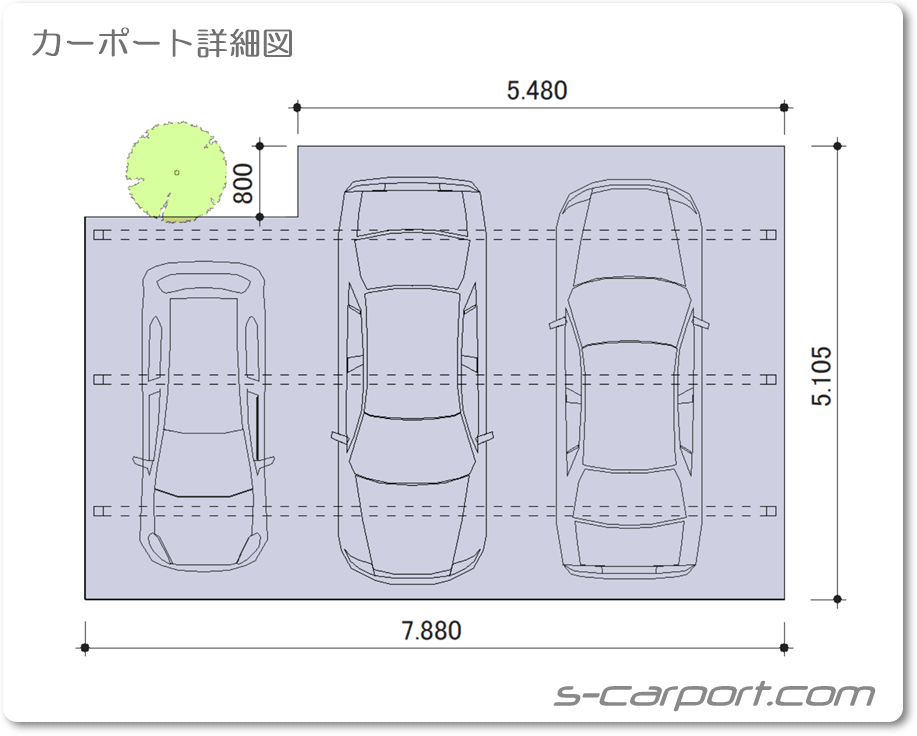 3台用入隅加工カーポートの図面